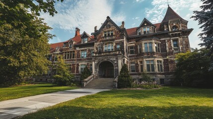 Fototapeta premium A dynamic shot of a school building that was once a historic mansion, showcasing a blend of old