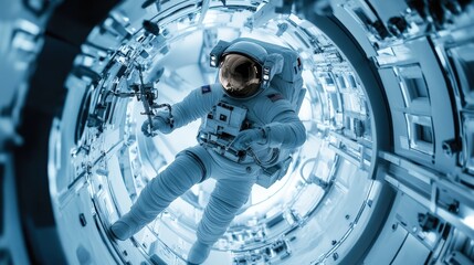 A dynamic shot of an astronaut conducting a space architecture experiment in a microgravity environment