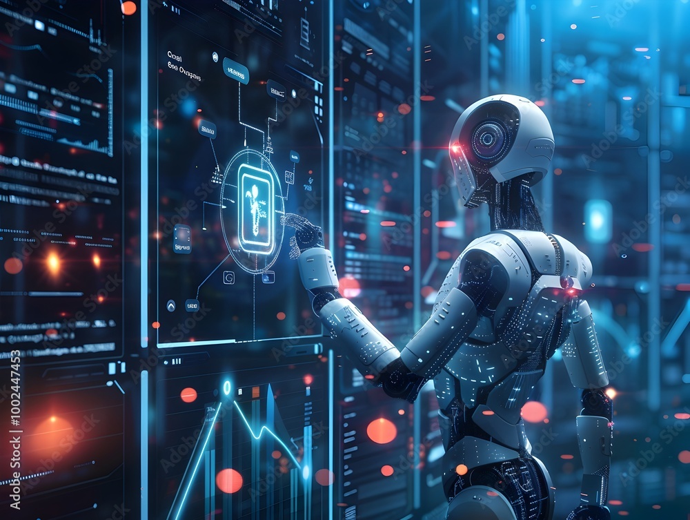 Poster ai driven futuristic robot interacts with advanced digital interface in neon lit cyberpunk inspired 