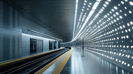 A dynamic shot of an underground train station with modern design elements and innovative lighting solutions
