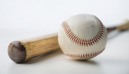 Naklejka premium Wooden baseball bat and ball on white background.