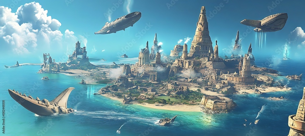 Poster a holographic interactive map of ancient civilizations with floating artifacts and ruins