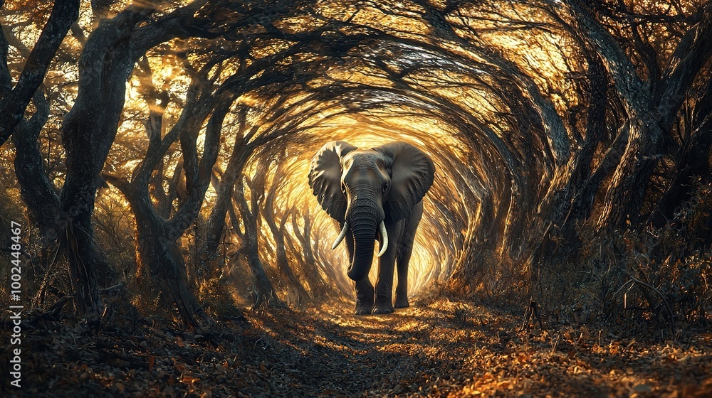 Wall mural   An elephant navigates a tunnel adorned with fallen leaves beneath its feet