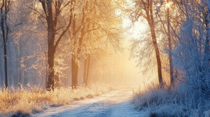 Frosty trees glistening in morning sunlight. A serene winter landscape featuring snow-covered trees