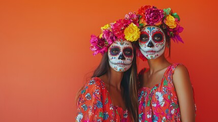 Obraz premium Portrait of two stunning girls in colorful sugar skull face paint, set against a bold orange backdrop