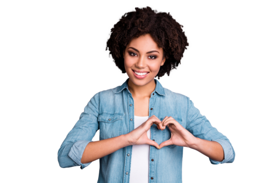 Close up photo beautiful amazing she her dark skin lady playful cheer flirty hands arms make heart figure form celebrating cardiac safety holiday wear casual jeans denim shirt isolated grey background - Powered by Adobe