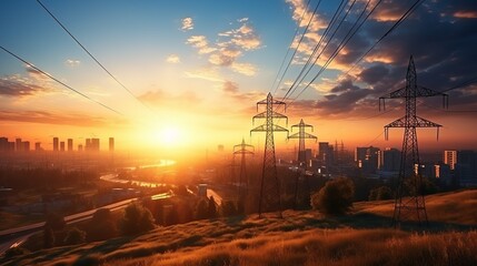 Sunset over a cityscape with power lines illuminating the horizon in vibrant colors