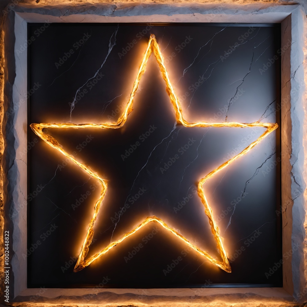 Poster glowing five-pointed star with a warm orange light, framed by rough, white rock-like textures. the c