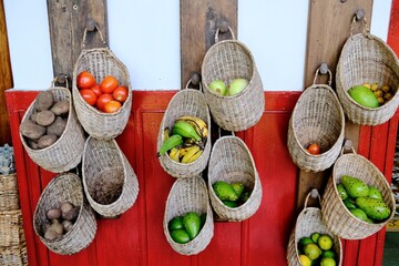 fruits in baskets on country home