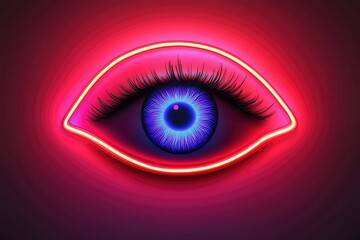 Neon Eye with Long Eyelashes and Red Background