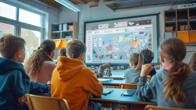 A group of attentive children watching a screen in a bright classroom.