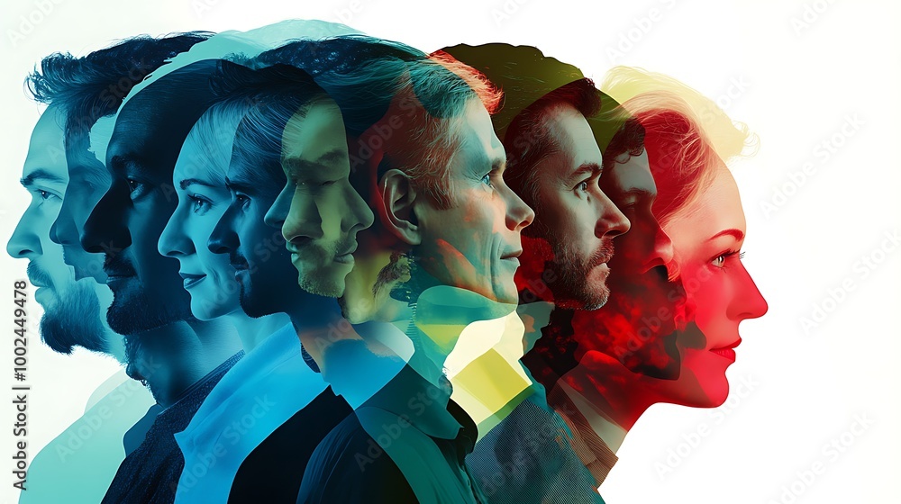 Poster A group of seven people's faces in profile, each in a different color, are layered on top of each other, creating an abstract design.