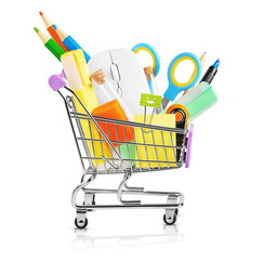 shopping cart full of school supplies .highlighted on a white background
