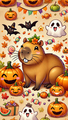 Cute Capybara Celebrating Halloween with Pumpkins and Ghosts
