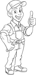 A handyman, mechanic, plumber or other construction cartoon mascot man holding a wrench or spanner tool.