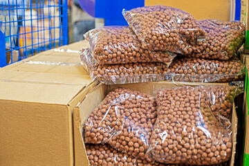packages of chocolate corn edible balls for breakfast in the supermarket