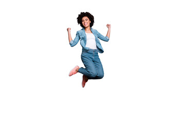 Full length body size photo beautiful she her dark skin lady jump high arms hands raised up air...