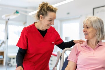 Fototapeta premium Female occupational therapist guiding a patient with a rehabilitation tool, therapy room in the background