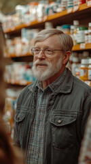 Fototapeta premium An elderly man with glasses and a beard engages in conversation while exploring a pharmacy filled with various products
