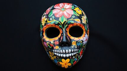 Naklejka premium Intricately designed Day of the Dead mask featuring vibrant colors and floral patterns, perfect for celebrations