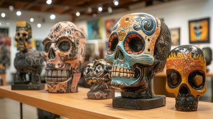 Obraz premium Collection of handcrafted Day of the Dead art pieces, including sculptures and paintings, displayed at a local gallery