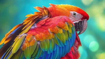 Obraz premium A sharp focus on a vibrantly-colored parrot against a softly blurred backdrop of blue, green, yellow, and red
