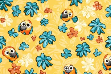 Seamless Pattern with Cute Parrots and Flowers on Yellow Background