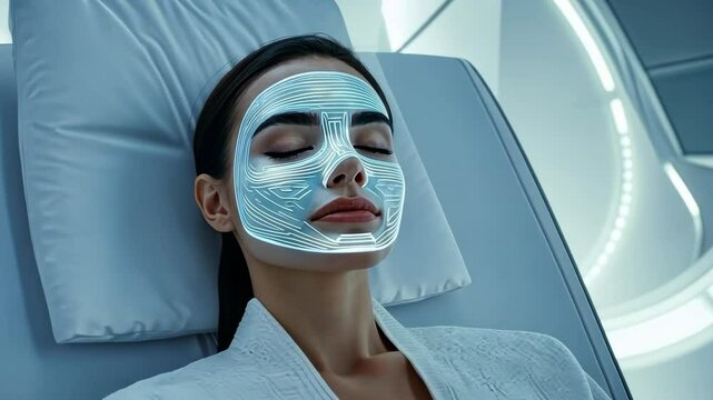 Woman relaxing in futuristic salon with led face mask and advanced technology for innovative cosmetic skincare concept.