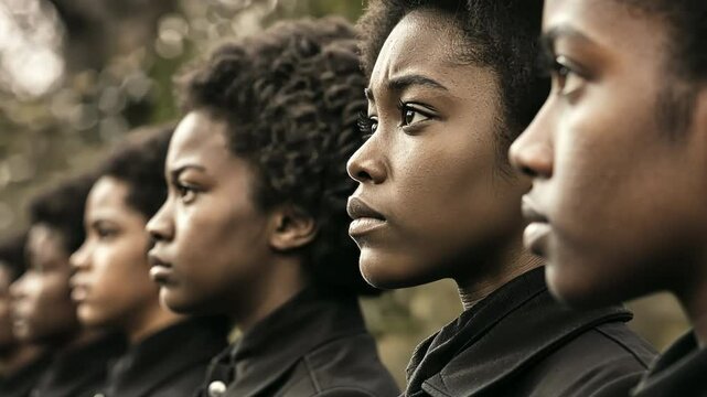 Group of young African children with serious expressions in profile view, social issues or education concept, poverty awareness or community empowerment campaign