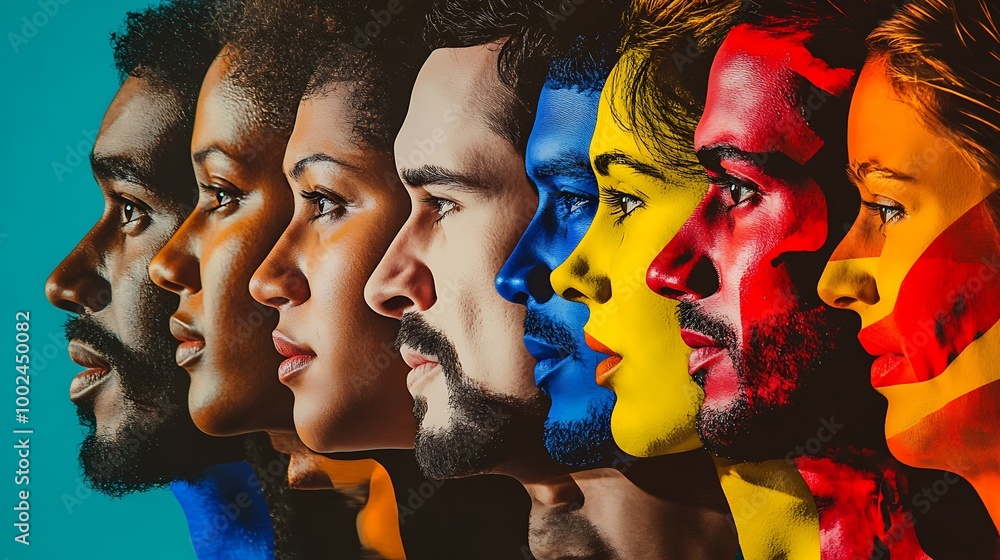 Poster a diverse group of people with colorful faces stand side-by-side, their profiles facing forward agai