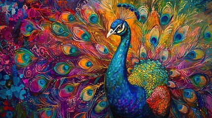   A painting of a peacock with spread-out feathers, including its tail feathers