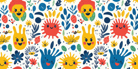 Colorful Cartoon Seamless Pattern with Playful Characters