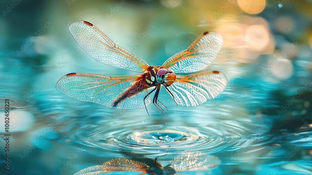 Poster   A close-up of a dragonfly hovering above water with a droplet in focus