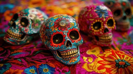 Fototapeta premium Colorful Day of the Dead art featuring traditional motifs, sugar skulls, and floral patterns on a canvas