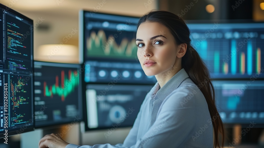 Aufkleber young professional analyzing financial data on multiple computer screens in a modern office during b