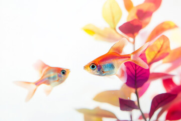 Colorful fish swimming gracefully among vibrant aquatic plants in a serene environment
