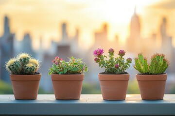 Four potted plants on a railing with a city skyline in the background