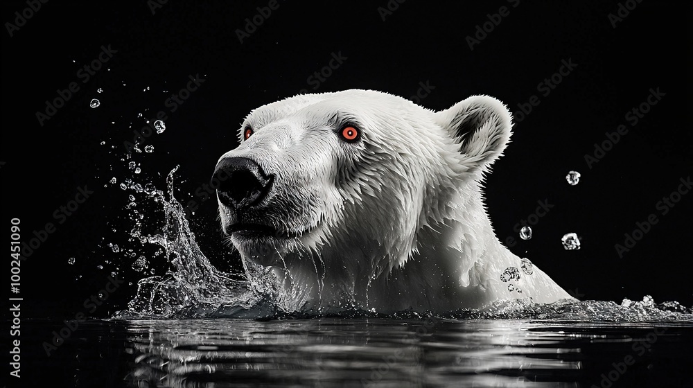 Poster   Black & white photo of Polar Bear in water with eye bubbles