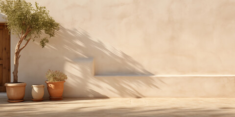 Beige Wall with Potted Plants and Shadow