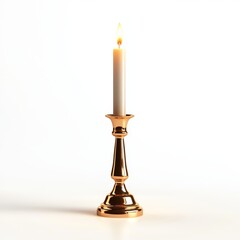 Golden candlestick with lit candle, isolated on white background, 3D illustration