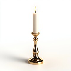 Golden candlestick with lit candle, isolated on white background, 3D illustration