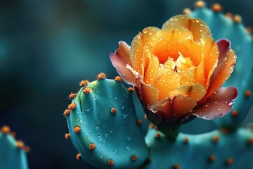 A Delicate Orange Cactus Flower Covered in Dew Drops