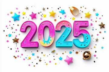 Colorful 2025 numbers surrounded by festive decorations for New Year celebrations.