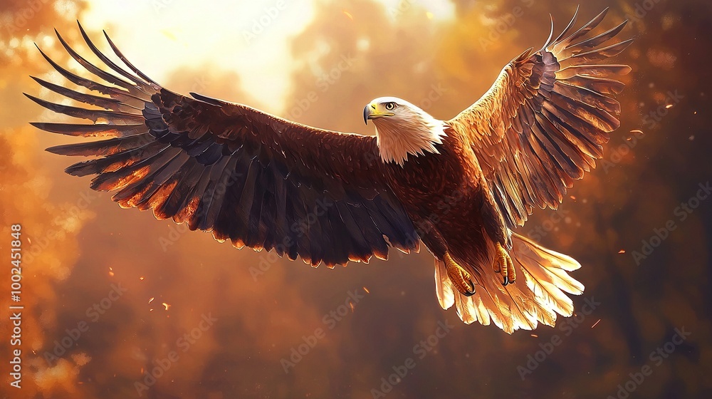 Sticker   A painting depicts a bald eagle soaring through the sky, its wings fully extended, against a backdrop of trees