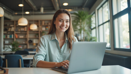 A young caucasian woman with glasses and a light blue shirt smiles confidently as she types on her laptop. She sits at a desk in a modern office setting, showcasing a professional and driven demeanor