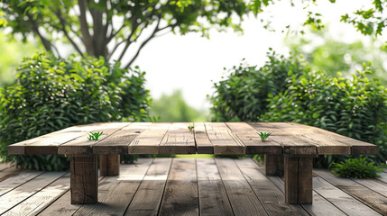 Rustic Reclaimed Barn Empty Wood Table, Ready for Festive Outdoor Green Park Nature Background selective focus