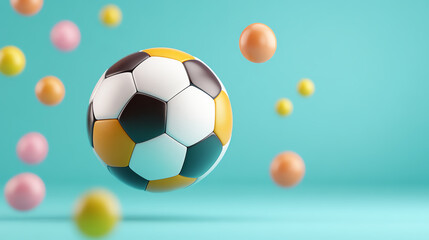 Fototapeta premium Floating soccer ball with colorful spheres on a vibrant blue background.