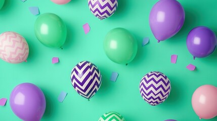 Fototapeta premium Blue and green backdrop with colorful balloons and scattered confetti