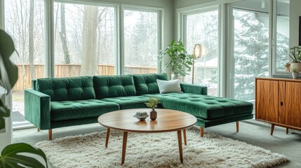 A cozy living room with a plush velvet sectional sofa in a deep emerald green