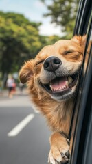Happy Dog Enjoying a Car Ride with Head Out of Window